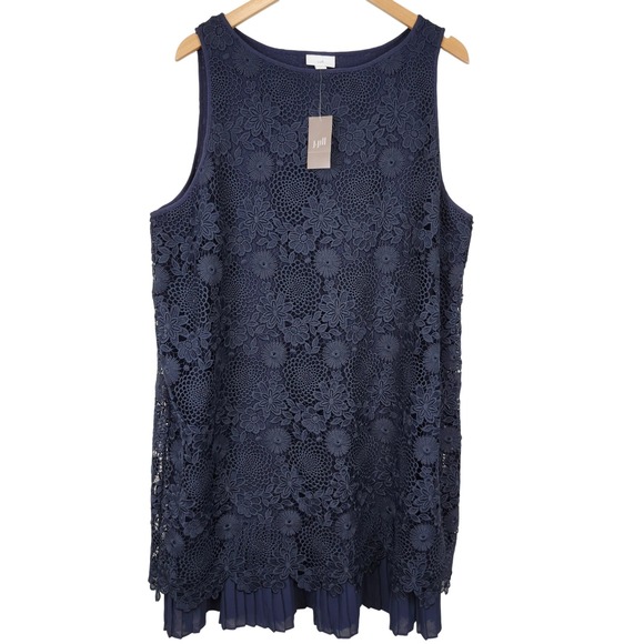 J. Jill Navy Blue Crocheted Lace Shift Dress XL Sleeveless Overlay NWT $169 - Picture 1 of 12